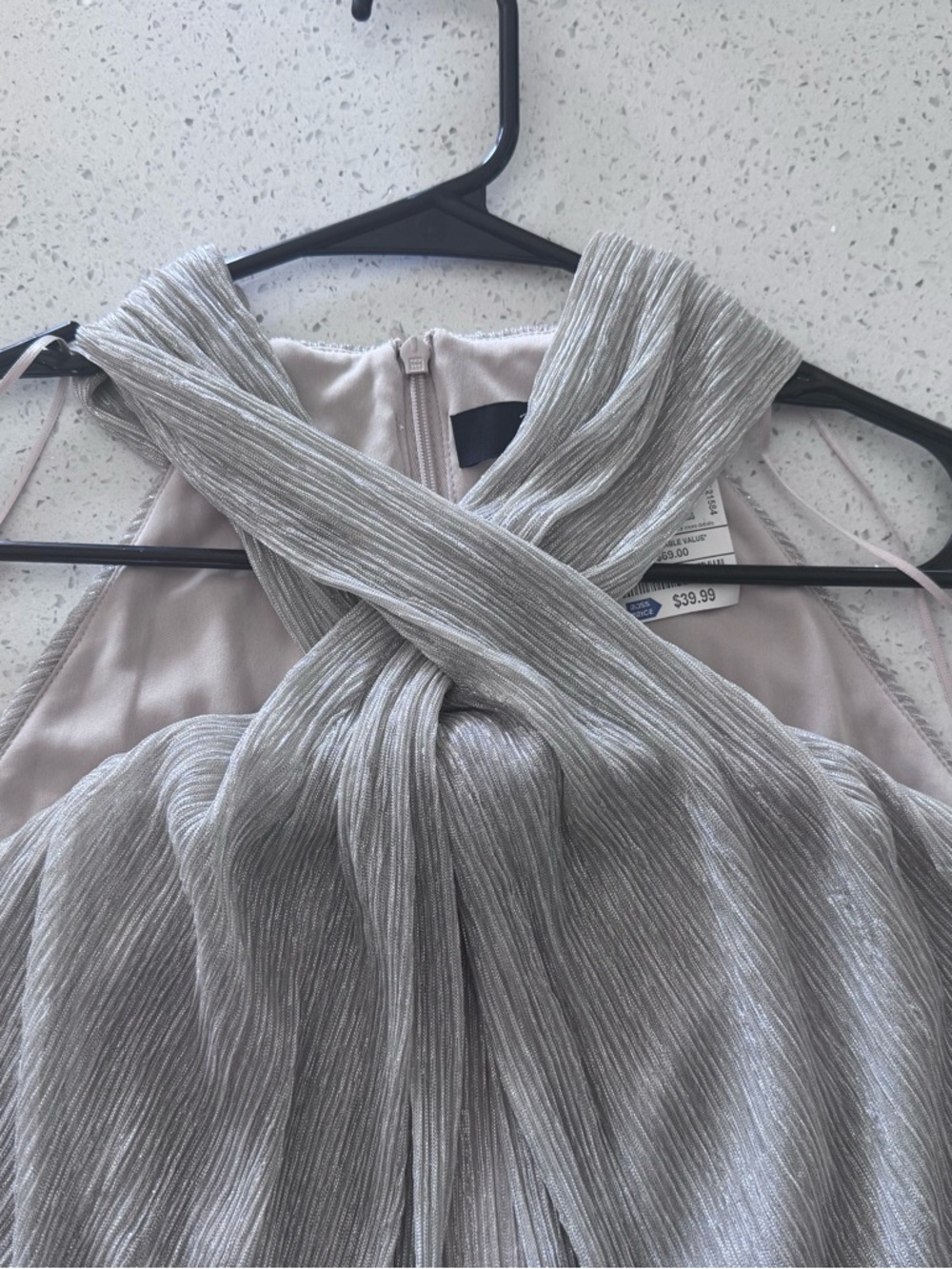 Taylor Silver Metallic Crinkle Halter Prom Dress